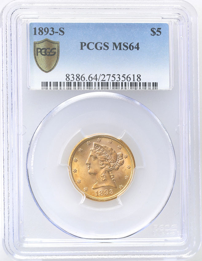 USA. 5 dolarów 1893 S, San Francisco PCGS MS64